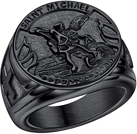FaithHeart Herren Bandring Siegelring, Männer Heiliger Michael Fingerring in 57, Michael Beschützer Fingerring mit Geschenkebox für Valentinstag Geburtstag