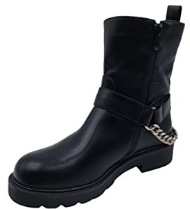 STILL Stivali Donna Scarpe Stivaletto Tronchetto Cerniera Biker Motociclista Catena Nero Estate D7857 (Numeric_38)