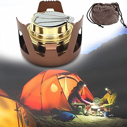 DINGFAN Alkohol Brenner, Mini Camping Alkohol Herd Tragbare Campingkocher Aus Messing Legierung, Spirituskocher mit Aufbewahrungstasche, für Outdoor-Camping, Wandern, Picknick (Farbe : Braun)