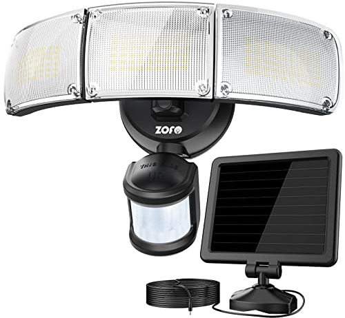 ZOFO 2300LM Lampe Solaire Exterieur Detecteur de Mouvement, Projecteur LED Capteur de Mouvement, Spot Extérieur Lumière Solaire Puissant Eclairage de Sécurité, 3 Têtes IP65 5000K, Câble 5m