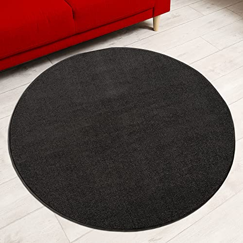 Impression Kurzflor-Wohnzimmerteppich - Schlichte Moderne Teppiche für Schlafzimmer, Büro, Flur, Küche, Kinderzimmer - Dunkelgrau, 120 cm Rund