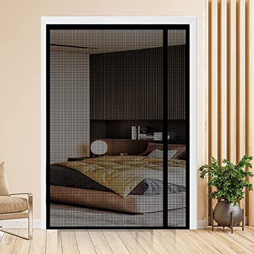 Reversible Left or Right Side Opening Magnetic Screen Door, Narrow Durable Fiberglass Mesh Curtain Hands Free for Patio, Bedroom, Fits Door Size 72 x 80, Black