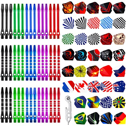 Leitee 30 Pcs Aluminum Dart Shafts for Steel Tip 50 mm 53 mm Dart Stems Accessories with 30 Rubber Rings 120 Replacement Flights and 1 Wrench for Outdoor Indoor Sports(Multicolor)