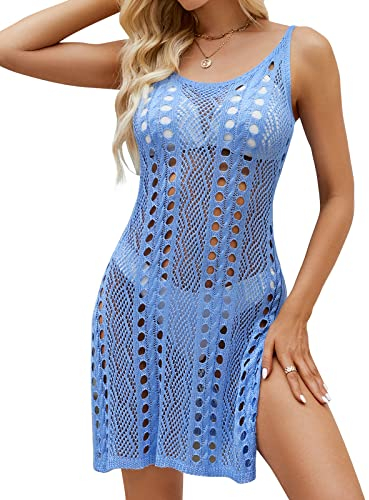 EDIMENS Badeanzug Cover Ups für Frauen Badeanzug Coverup Bikini Häkeln Cover Ups für Bademode Side Split Lange Strandkleider, rauten - blau, Medium