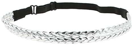 Silbernes PU Damen Haarband - Original Geflochtenes Hairband - Dünnes elastisches Stirnband einstellbare Größe - Hochzeit oder Party Headband - Retro und Vintage Look Boho Boheme Hippie Chic