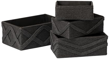 Storage Baskets for Organizing Set 4 - Sturdy Woven Basket Paper Decorative Baskets, Stackable Storage Boxes for Makeup Closet Bathroom Bedroom Shelf (Black)