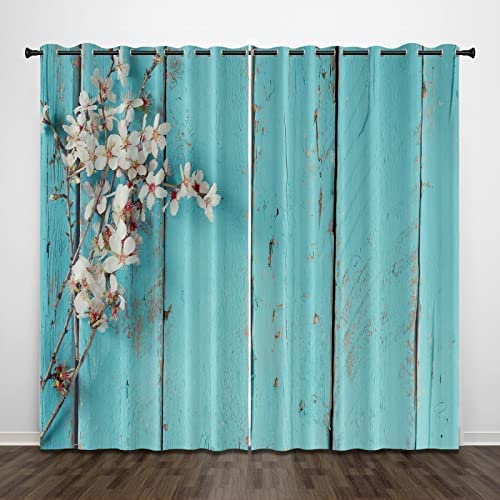 Blickdicht Blackout Vorhang Mit Ösen Schalldämmend Gardinen Polyester 3D Bedruckt Blaue Florale Holzmaserung Für Wohnzimmer Schlafzimmer Kinder Oder Babyzimmer 140 (B) X 160 (H) cm - Verdunkelungsvor