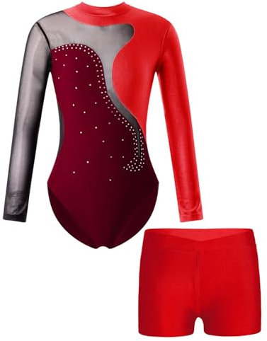 Nyeemya Mädchen Turnanzug Langarm Glänzend Gymnastikbody Turnshorts Set Kinder Gymnastikanzug Tanzen Kleidung Burgundy 98-104