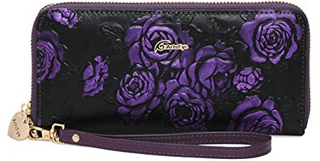 ArtsEye Damen-Geldbörse mit Blumenprägung, echtes Leder, langer Reißverschluss, Clutch, Geldbörse, violett, long zip