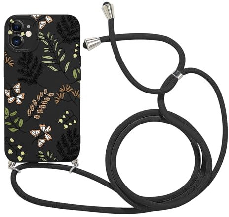 Foonary Handykette Handyhülle für Apple iPhone 12 6,1, Aesthetic Muster Hülle mit Band Kette Case, Silikon Bumper Schutzhülle Necklace Cover mit Schnur Kordel zum Umhängen für iPhone 12, Blumen 08