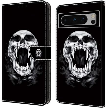 Bnvdfre Handyhülle für Google Pixel 7A Klapphülle PU Leder Hülle Magnet Stoßfeste Kartenfach Klappbar Schutzhülle Silikon Case Cover mit Muster Motiv Flip Handytasche - Totenkopf