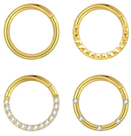 Lantine 4 Stück 16g Septum-Piercing G23 Titan Scharnier-Segment-Clicker Gold Daith Piercing Ring Helix Tragus 6mm