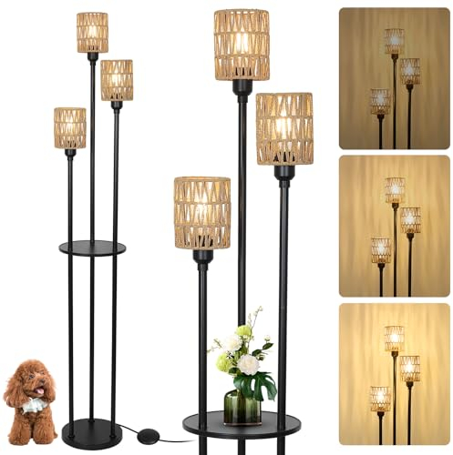 Rayofly Dimmbare Stehlampen für Wohnzimmer, 3-Lichter Rattan Stehlampe mit Regalen, Boho Stehlampe mit Rattan Schirmen & 3-Wege Fußschalter, Schwarze Stehlampen für Wohnzimmer Schlafzimmer Büro