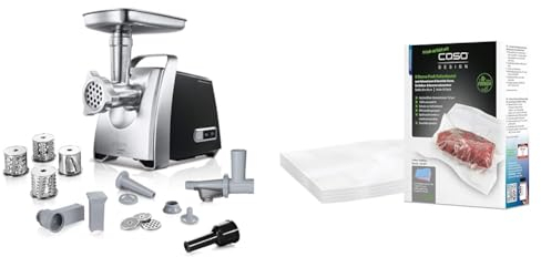 Bosch Fleischwolf ProPower MFW68660, elektrisch, Wurstaufsatz & CASO 6 Sterne Profi-Folienbeutel 20 x 30 cm, 50 Beutel