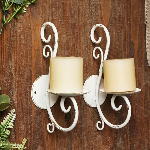 Sintosin 2 Stück Wandkerzenhalter Vintage aus Metall, Rustikaler Kerzenhalter Wand Weiß für Shabby Chic Wanddeko, Wandhalterung Kerzenständer für Schlafzimmer Esszimmer Wohnzimmer