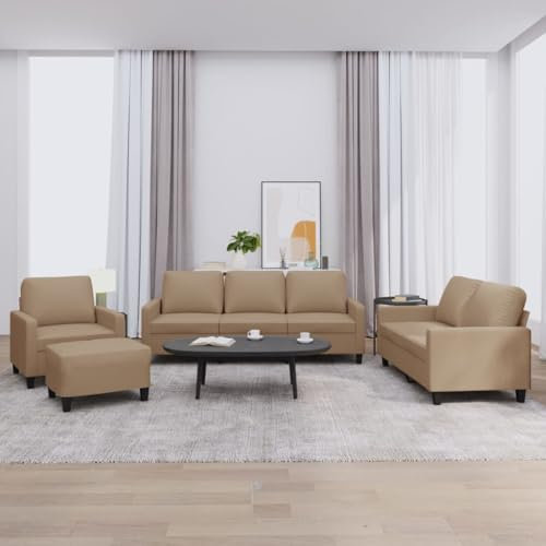 Willood 3-Sitzer Sofa+2-Sitzer（120cm+Sessel+Fußhocker Modern Couch Gästesofa fürs Wohnzimmer Schlafzimmer Gästezimmer Kunstleder Cappuccino