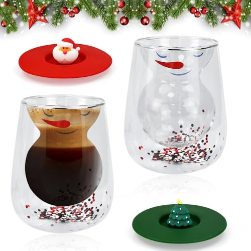 REFORUNG Lot de 2 Tasse à Café de Noël 300ML Double paroi Coupe en Verre Bonhomme de Neige Tasses en Verre Tasse à lait en verre avec Couvercle Cadeaux de Noël À la fille mère grand-mère