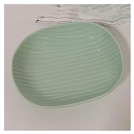 Zhaoj24-05 Modern Dinner Plates Mint Green Dinner Plate Striped Ceramic Plate Oval Dinner Plate Long Plate Fruit Dim Sum Salad Deep Plate Small Soup Plate Kitchen Service
