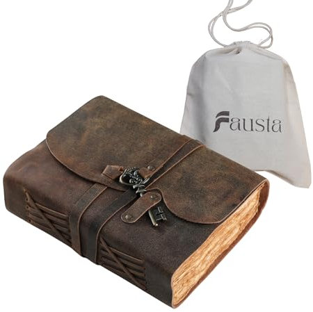 Fausta Vintage Leather Journal with Antique Key | 7x5 Handmade Rustic Brown Writing Notebook for Men & Women | 240 Pages, 150 GSM Deckle Edge Cotton Paper | Travel Diary, Sketchbook & Gift Journal