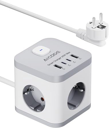 AICODE Steckdosenwürfel 3680W mit PD 20W – 4 USB (2X Type-C) + 3 Fach Mehrfachsteckdose mit 3m Verlängerungskabel – Tragbar für Reisen, Büro & Haushalt (Weiß)