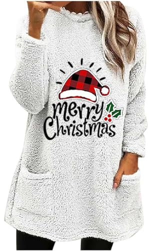 Weihnachten Fleece Pullover Damen Lustige Grafik Sweatshirt Warme Bequem Weihnachtspullover Ugly Christmas Bedrucktes Herbst Und Winter Rundhals Taschen Langarm Verdicktes Warmes Oberteil