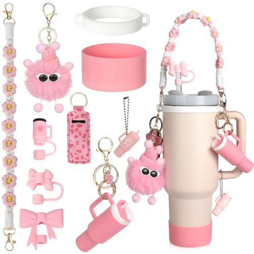 10 PCS Pink Stanley Cup Accessories Set Water Bottle Handle Strap for Stanley 30/40 oz Tumbler Accessories Include Mini Stanley Cup Keychain Lipstick Holder Straw Toppers Silicone Cup Boot for Women