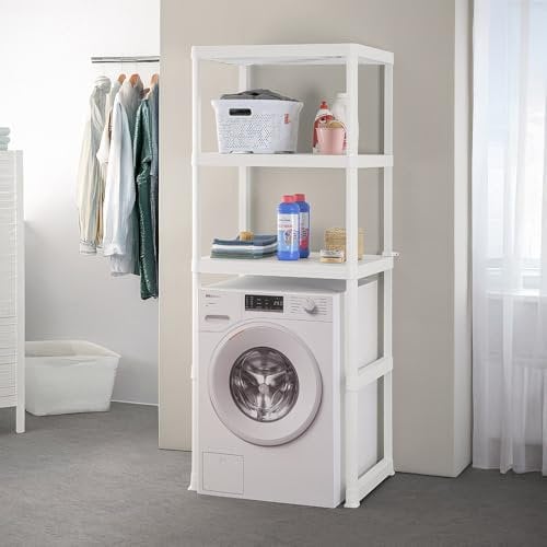 Inbagno Scaffale Sopra Lavatrice E Asciugatrice In Plastica Bianca Con 3 Ripiani Dalla Texture Antiscivolo, L 74 x P 59 x H 186 Cm, In Kit Di Montaggio Facile Da Assemblare