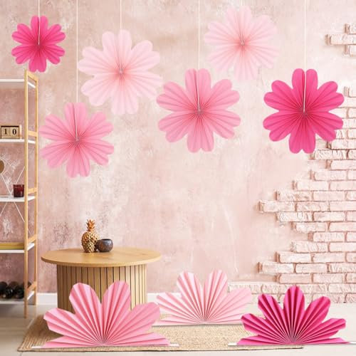 Jiusely 9PCS Paper Flowers Fans Decorations Pink Flower Birthday Party Hanging Decorations Paper Fans Floral Backdrop Decor for Birthdays Weddings Garden Classroom Baby Shower Tea Party Decorations