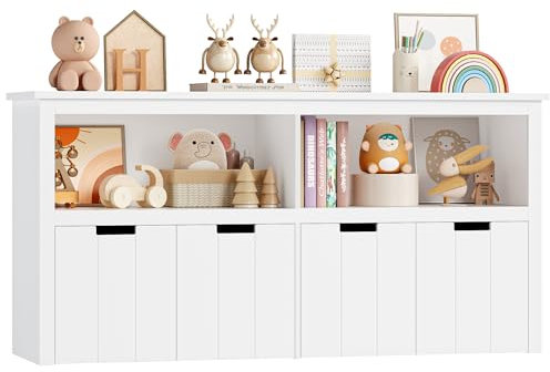 FOREHILL Kids Toy Storage Unit, Children Storage Cabinet with 4 Drawers on Wheels, Children's Bookcase, Toy Organiser White, 2 Open Shelves 120x61.5x33cm