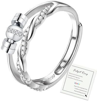 HEEYA Anxiety Ring für Damen mit 5A Zirkonia Silber 925 Angstring Offen Verstellbar Anti Stress Ring mit Perlen Spinner Fidget Ringe Frauen Hypoallergen Stimmungsring gegen Stress