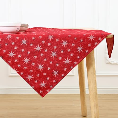 Homaxy Tischdecke Weihnachten Abwaschbar 80x80cm Rot | Weihnachtstischdecke mit weißem Sternenmuster Wasserabweisend Lottusffekt Fleckschutz für Küche Party Deko