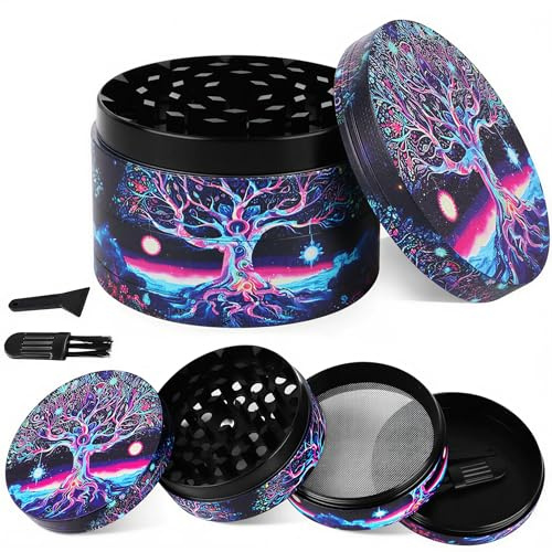 Esshogo Grinder Große Crusher, 63 mm Grinder Baum-Design Gewürzmühle | 4-Teiliges Set Mit Pollen Scraper, Zinklegierung Crusher