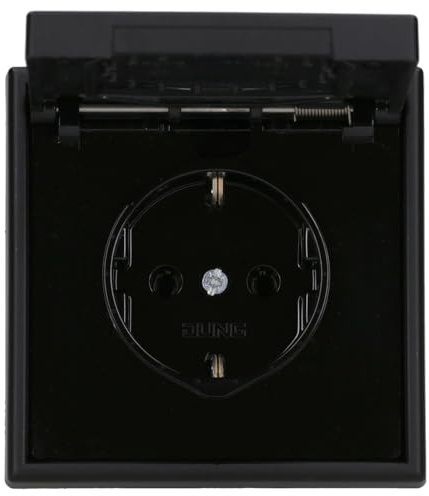 JUNG Serie LS IP44 Klappdeckelset Graphitschwarz Matt 1-fach | mit LS1521KLSWM SCHUKO Steckdose m. Klappdeckel, 551WU Dichtungsflansch, LS981SWM Rahmen 1-fach