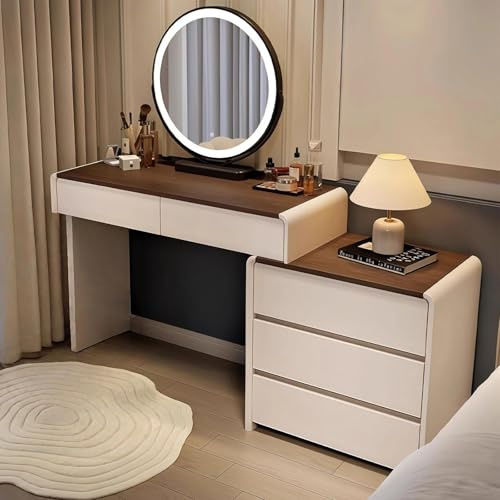 MJKCBD Schminktisch mit Beleuchtung, Frisiertisch Holz mit Walnuss-Tischplatte, Kosmetiktisch mit 5 Schubladen, Flexibler Seitenschrank, Ecke Vanity, L-Form ändern, Weiß,100 cm, Keine Stühle