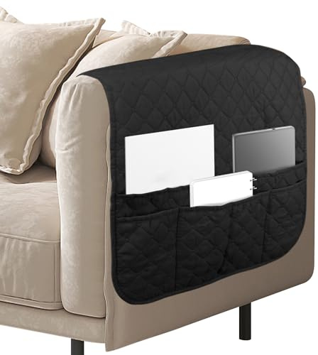 Srvillg Armchair Arm Cover, 1pc Non Slip Sofa Arm Rest Cover with Pockets, Light Grey Armrest Chair Covers for Sofa Couch, Armchair, Recliner Chair (Style 2(Black))