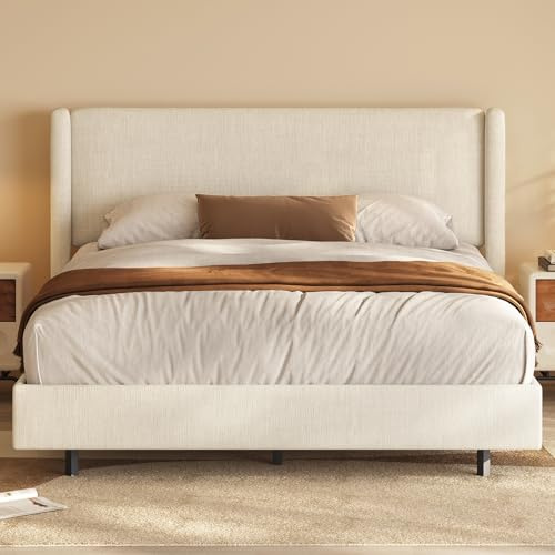 Guyii Polsterbett aus Leinenoptik, Modernes Stoffbett mit hohem Kopfteil, Gepolstertes Bettgestell mit atmungsaktivem Stoffbezug, Stabiler Rahmen, Komfortables Doppelbett für Schlafzimmer (160x200)