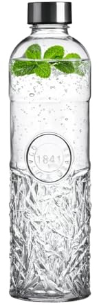 Wasserflasche, Trinkflasche, Glasflasche für 1 Liter – 1x rautenmuster | transparente Karaffe – Retro & Vintage-Stil – luftdichter Schraubverschluss, auslaufsicher – Umweltfreundlich – Seaside No.64