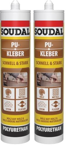 Soudal PU-Kleber, 425 g, Beige - Lösungsmittelfreier, gebrauchsfertiger, universeller Konstruktionskleber auf Polyurethan-Basis für Innen- und Außenbereiche (Packung mit 2)