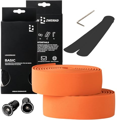 URBAN ZWEIRAD - Lenkerband Rennrad Orange - inkl. Endstopfen und Klebestreifen - Griffband Rennrad Orange extra griffig - 200 cm x 3 cm - 3 mm Stärke