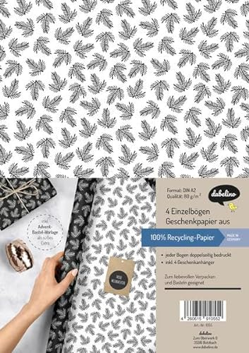 Geschenkpapier Set Weihnachten: schwarz-weiße Tannenzweige: 4x doppelseitige Einzelbögen + 4x Geschenkanhänger