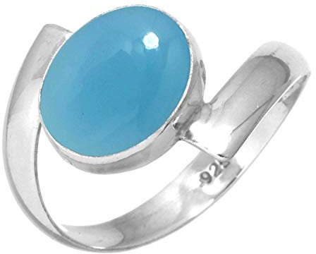 Jeweloporium Blauer Chalcedon Silberring Größe 57 (18,1), 925 Sterling Silber Ring für Damen, Ovaler Edelstein Boho Schmuck