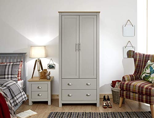GFW Lancaster 2 Door Wardrobes with 2 Drawers & Oak Tops, Grey