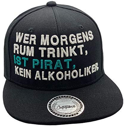 Outfitfabrik Snapback Cap Wer morgens Rum trinkt, ist Pirat, kein Alkoholiker in schwarz mit 3D-Stick (Festival, Alkohol, Statement, Saufen)