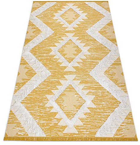 rugsx Teppich ÖKO SISAL Boho MOROC mit Fransen, Innen & Außen Hochwertiges für Schlafzimmer, Terrasse, Balkon - Zwei Ebenen aus Vlies gelb/Creme, recycelter Teppich 194x290 cm