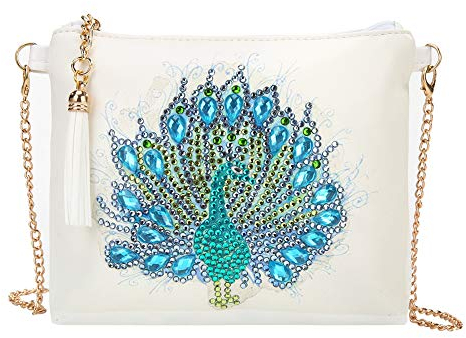 MWOOT DIY Diamond Arts Painting Cross-Body Tasche mit Kette,5D Diamantgemälde Umhängetasche Münzgeldbörse Schultertasche Reißverschluss Handtasche für Mädchen Frauen (18 x 15cm)-Pfau