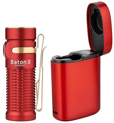 OLIGHT Baton 3 Premium Edition Pocket Torch 1200 Lumens LED Powerful Mini Flashlight Reachargeable Small Compact EDC Lights, with Charging Box (Red)