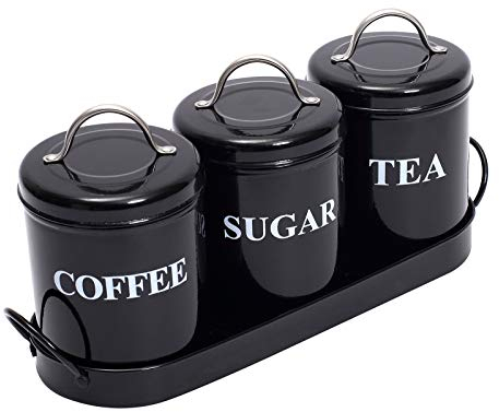 Xbopetda Tea Coffee Sugar Canisters, 3 Piece of Metal Food Storage Tin, Kitchen Canister Set with Metal Tray, Dry Food Storage Containers for Tea Coffee & Sugar-Black