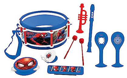 Lexibook - Marvel Spiderman Set di 7 strumenti musicali (Tamburo, Maracas, Castagnette, Armonica, Flauto, Tromba, Tamburino), Giocattolo musicale, Gioco pratico da trasportare, Blu/Rosso, K360SP