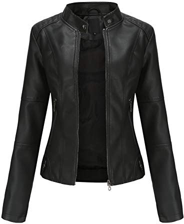 Valin Veste Blouson De Motard Simili Cuir Synthétique Court Femme Blouson Col montant Coupe Ajustée fermeture éclair Printemps et Automne,42,PN767