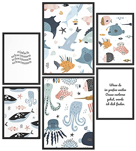 Papierschmiede® Bilder Kinderzimmer Kids Mood Poster Set Einfach Schwimmen, Kinderzimmer Bilder Babyzimmer Deko, 2x DIN A3 und 4x DIN A4, Fische Kraken Wale Haie - Kinderposter ohne Rahmen